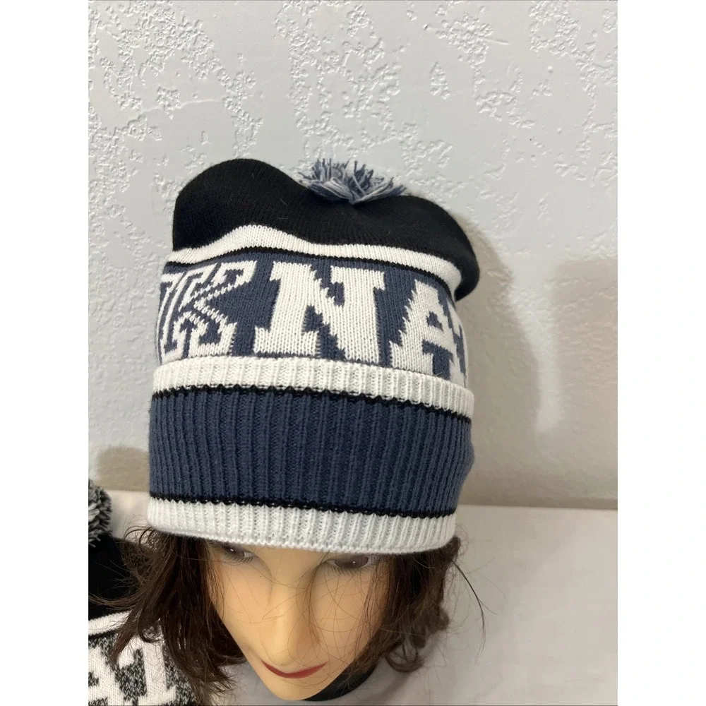 Victoria's Secret‎ Pink Nation Beanie 2 Hats Blue Black Pom NWOT Black White